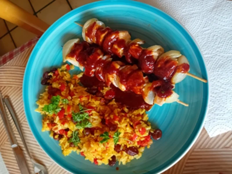 Hähnchen-Zwiebel-Spieße mit herzhafter Sauce und Paprika-Basmatireis - Rezept - Bild Nr. 17506