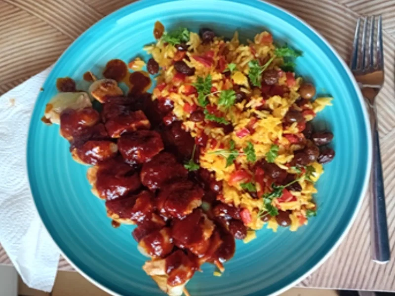 Hähnchen-Zwiebel-Spieße mit herzhafter Sauce und Paprika-Basmatireis - Rezept - Bild Nr. 17516