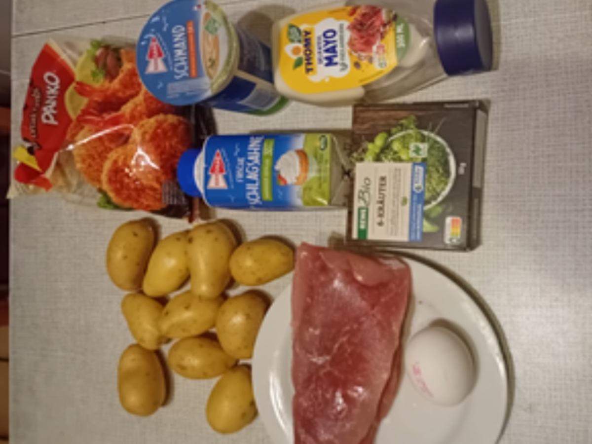 Knusper-Schnitzel mit grüner Sauce und Pellkartoffeln - Rezept - Bild Nr. 17508