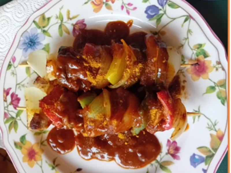 Bunte Schaschlik Spieße mit Currysauce und Baguette - Rezept - Bild Nr. 17521