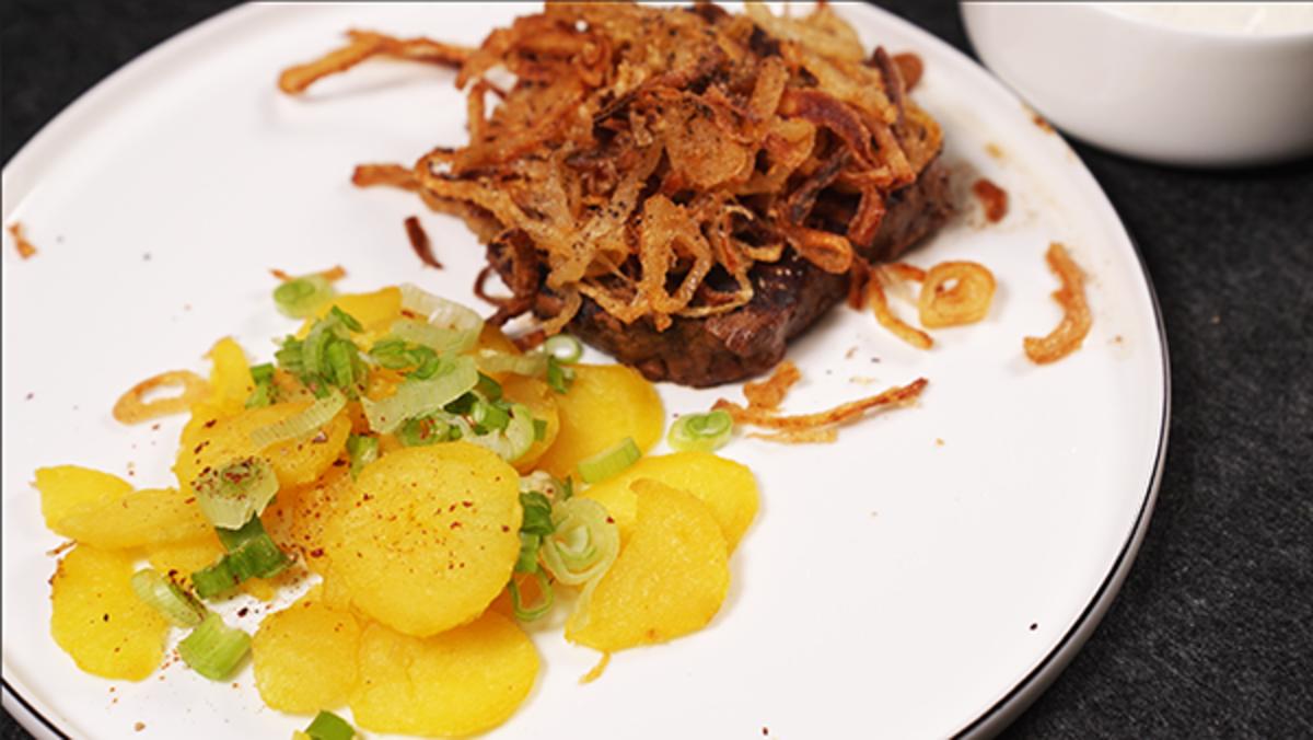 Rezept: Lendenbraten mit Kartoffelscheiben und ungarischem Gurkensalat Bild Nr. 17574 Lendenbraten mit Kartoffelscheiben und ungarischem Gurkensalat - Rezept - Bild Nr. 17574