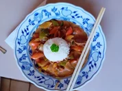 Zweimal gegartes Schweinefilet mit Paprika-Zwiebel-Gemüse und Basmatireis - Rezept - Bild Nr. 2