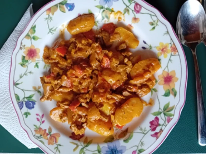 Schweinefilet-Paprika-Gemüsezwiebel-Geschnetzeltes mit Mini-Pellkartoffeln - Rezept - Bild Nr. 17609