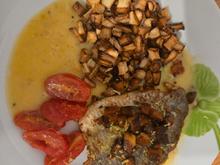 Steierischer Barramundi finkenweder Art mit Ingwer-Mango Beurre Blanc und Petersilienwurze - Rezept - Bild Nr. 17610