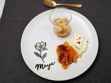 Pfirsich-Cobbler mit Vanille-Sahne und Pfirsich-Sorbet - Rezept - Bild Nr. 17610