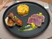 Thunfisch mit Ponzu, Miso-Pilzen, Topinambur-Püree, Avocado-Wasabi-Creme & Mango-Salsa - Rezept - Bild Nr. 17610