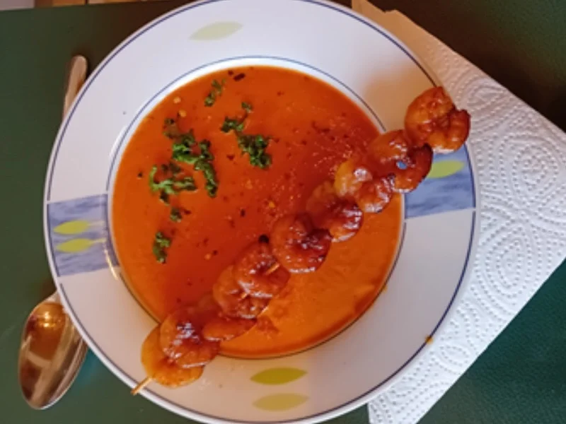 Kokos-Tomatensuppe mit Garnelenspieß - Rezept - Bild Nr. 17995