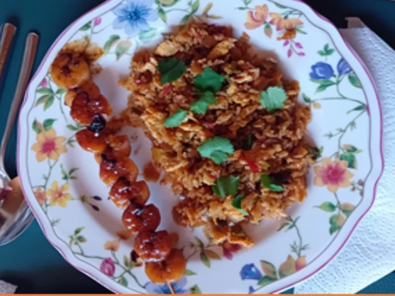 Gebratener Basmatireis mit Gemüse, Eiern und Garnelenspieß - Rezept - Bild Nr. 17