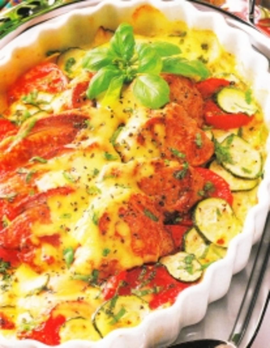 Tomaten Zucchini Gratin mit Filet - Rezept
