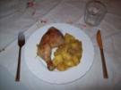 Kartoffel - Zwiebel - Curry mit gegrilltem Hähnchenschenkel - Rezept