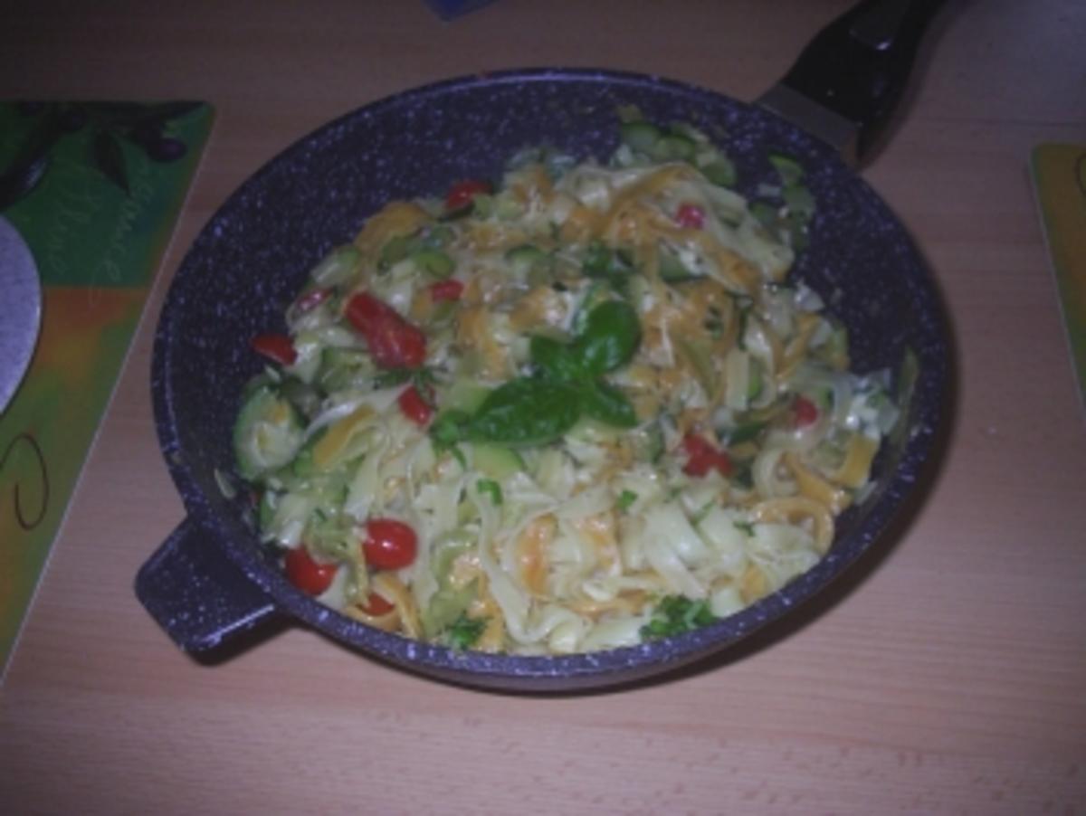 Nudeln - Nudel-Zucchini-Pfanne mit Mozzarella - Rezept