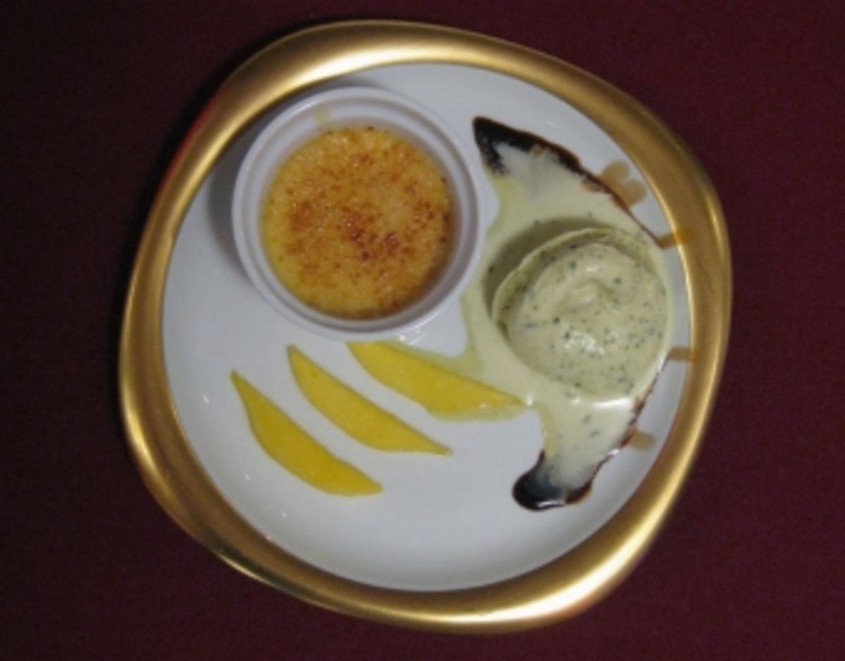 Mango-Creme-Brulee mit Balsamico-Pistazieneis - Rezept