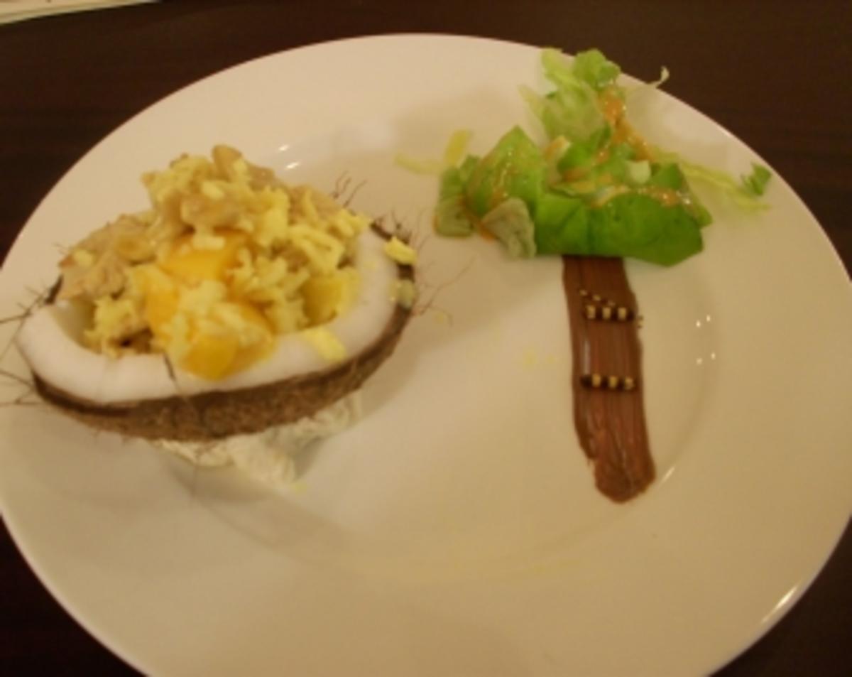 Südseetraum aus Pute in Pfirsichsoße mit Salat und Cashewkernen - Rezept