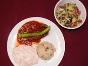 Gefüllte Aubergine, Knoblauchjoghurt mit Möhren, Kartoffelsalat, Reis - Rezept