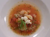 Kalte Crevettensuppe mit salzigem Popcorn - Rezept