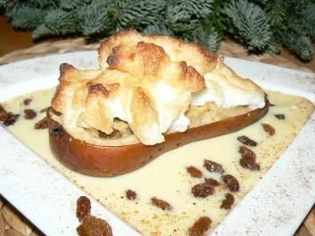 Bratbirne in einem kalten Bad von Vanille und Baiserhäubchen - Rezept