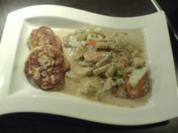 Kalbsschnitzel mit Gemüserahmsauce und Kartoffel-Speck-Blinis - Rezept