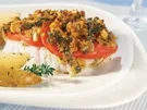 Steinbeißerfilet mit Tomaten-Kräuterkruste und Kartoffelspalten - Rezept