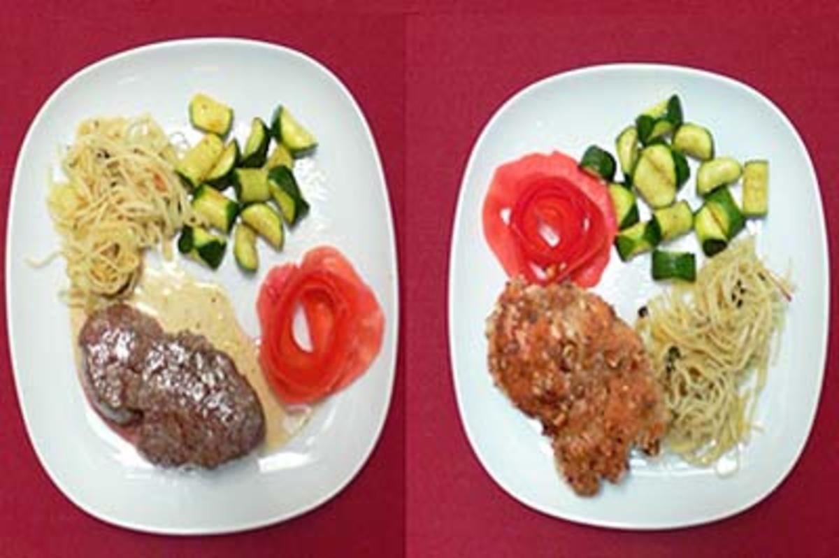 Pfeffersteaks und Hähnchenfilets mit Zucchini und Trenette Genuese -
Rezept von Das perfekte Dinner