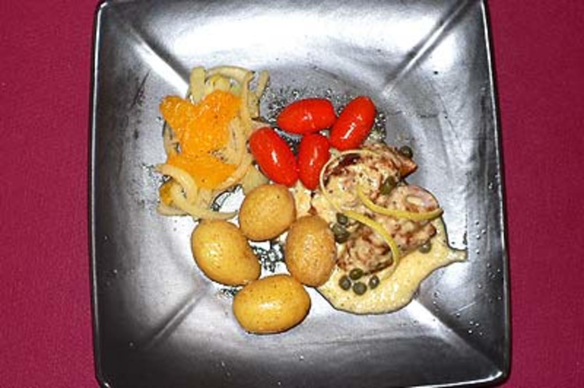 Saltimbocca mit Orangen-Fenchelragout und Rosmarinkartoffeln - Rezept