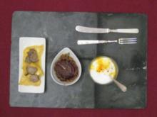 Kürbissüppchen, Ravioli mit Ziegenfrischkäse u. Rotwein-Zwiebeln an Balsamicolinsen - Rezept