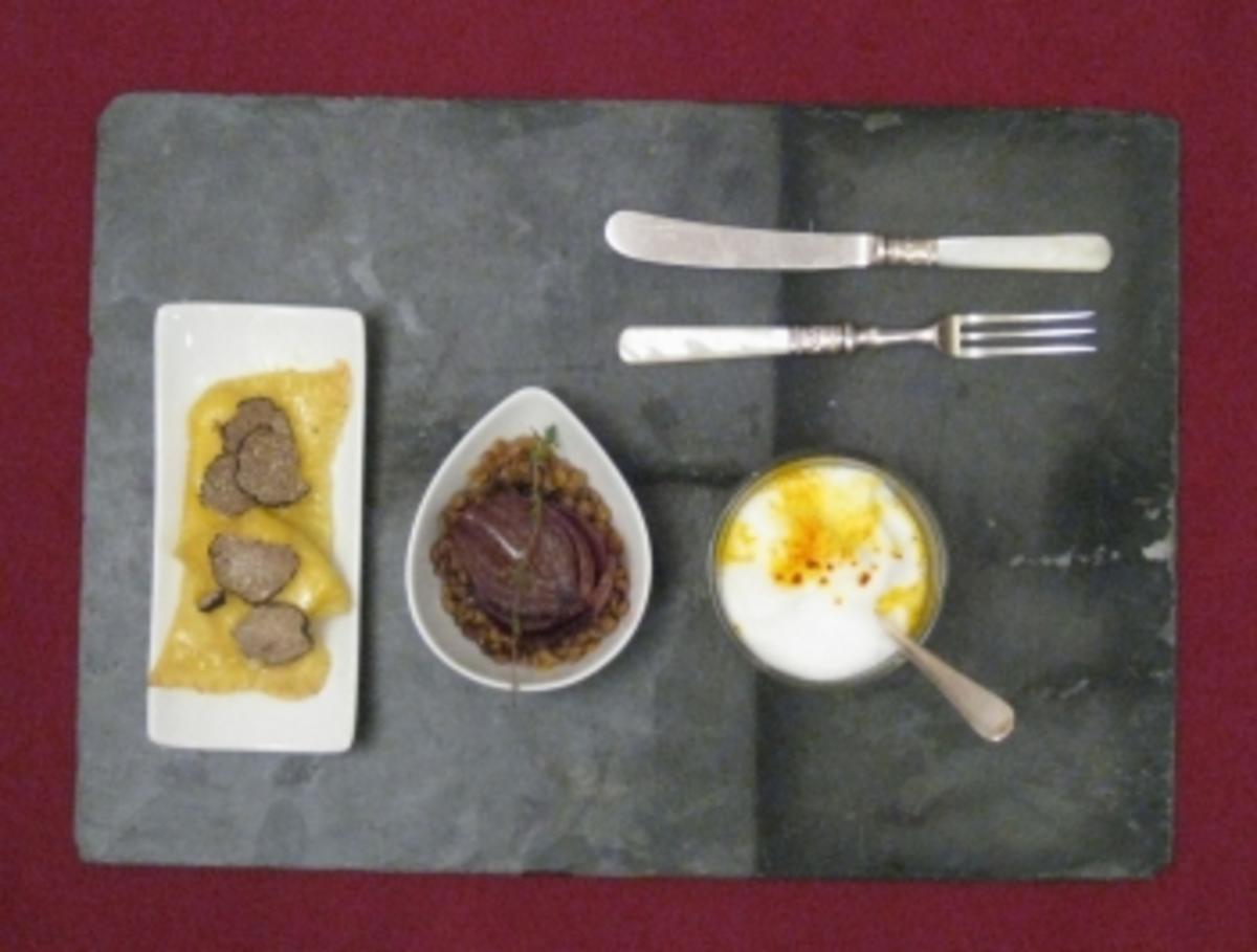 Kürbissüppchen, Ravioli mit Ziegenfrischkäse u. Rotwein-Zwiebeln an
Balsamicolinsen - Rezept Von Einsendungen Das perfekte Dinner