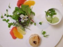 Jakobsmuscheln auf Salat dazu Gurkengranite mit Joghurtschaum - Rezept
