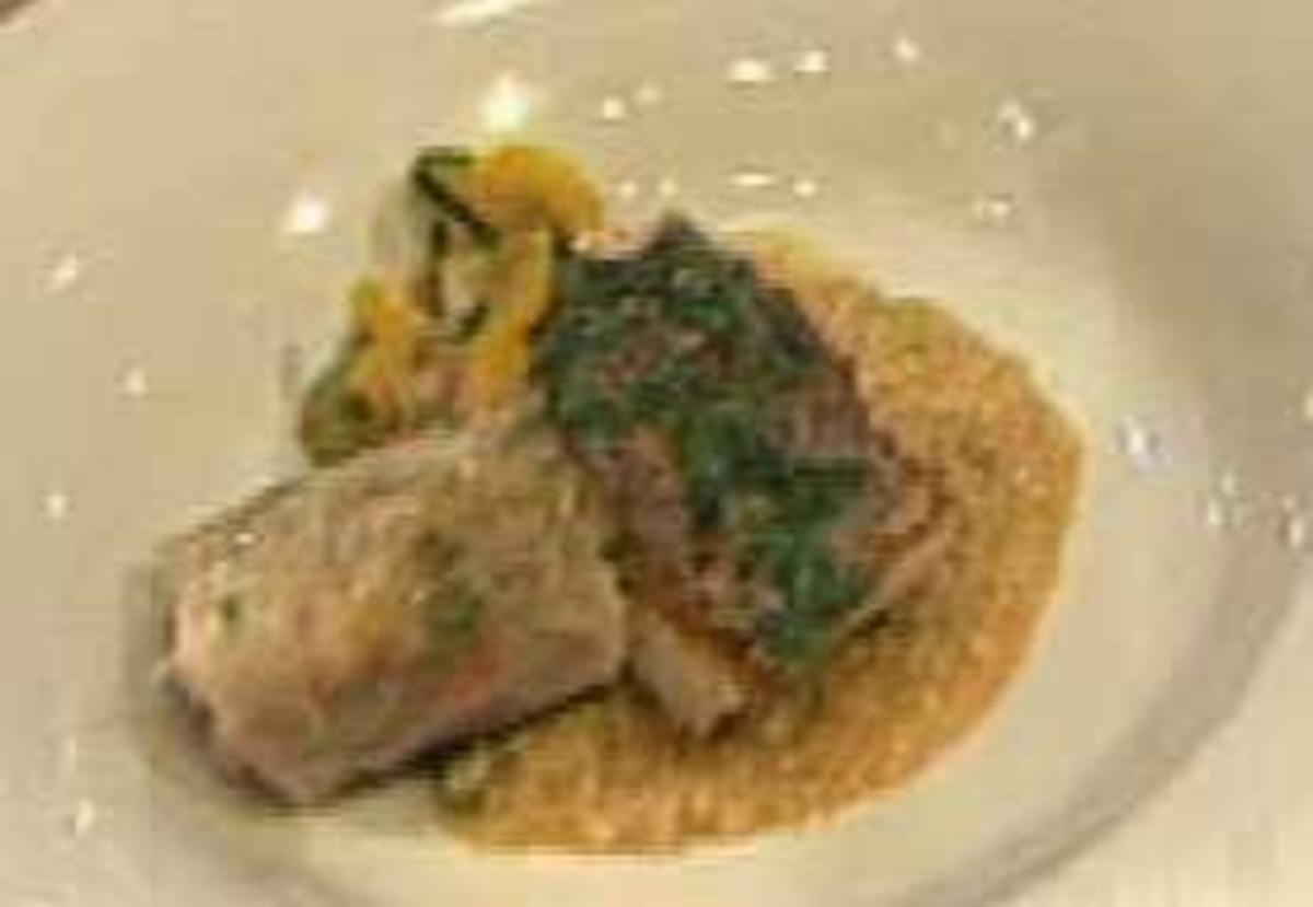 Adlerfisch mit Graupenrisotto und knuspriger Gemüserolle a la Marquard - Rezept