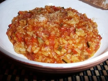 Buntes Gemüserisotto mit Kräutergarnelen und Safran - Rezept