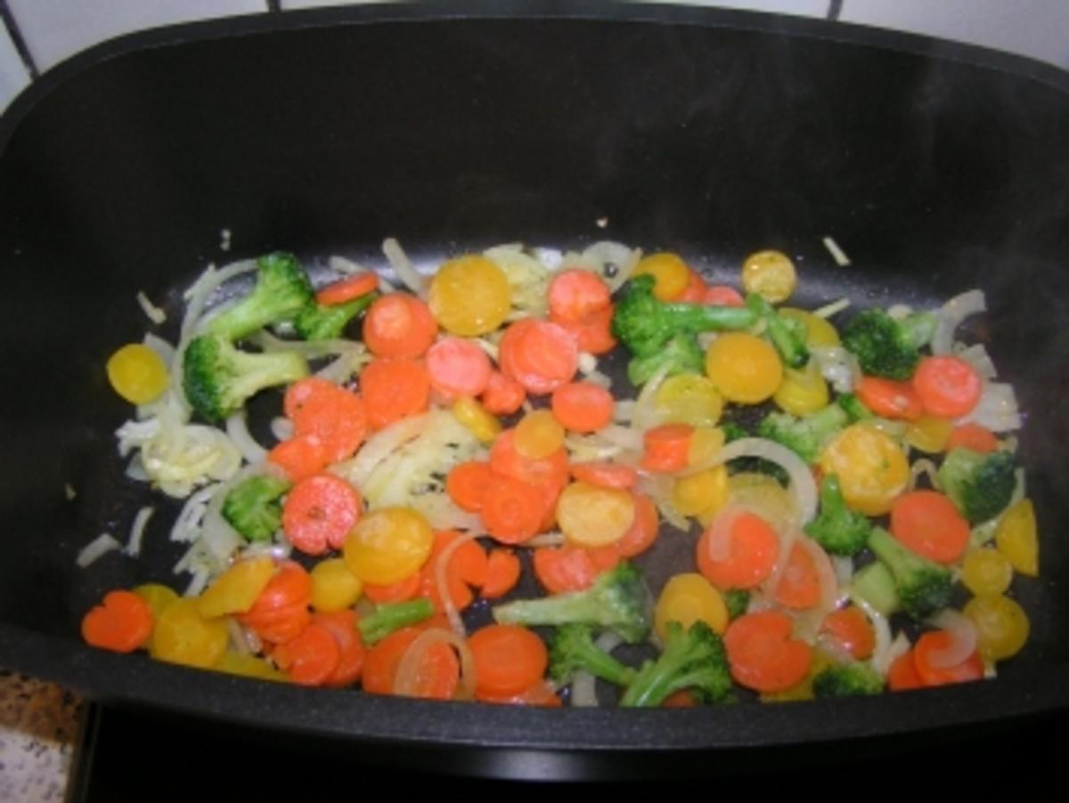 Schweinefiletstreifen asiatisch mit buntem Gemüse und Reisgugelhupf - Rezept