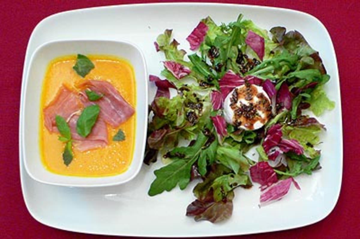 Blattsalate mit Ziegenkäse und Lavendel, Kürbis-Melonensuppe - Rezept