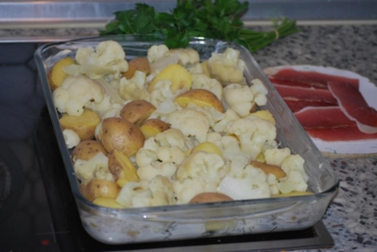 Käse-Kartoffeln mit Blumenkohl - Rezept