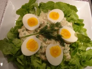 Senfeier mit Krabben und Erbsen - Rezept