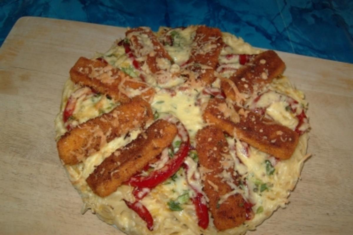 Fischstäbchen-Spagetti-Pizza - Rezept