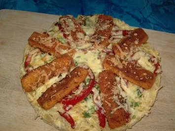 Rezept: Fischstäbchen-Spagetti-Pizza Fischstäbchen-Spagetti-Pizza - Rezept