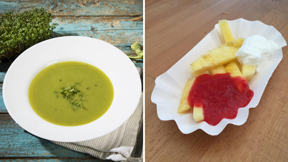 Leckere Gemüsesuppe und gesunde Früchte-Pommes