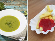 Leckere Gemüsesuppe und gesunde Früchte-Pommes